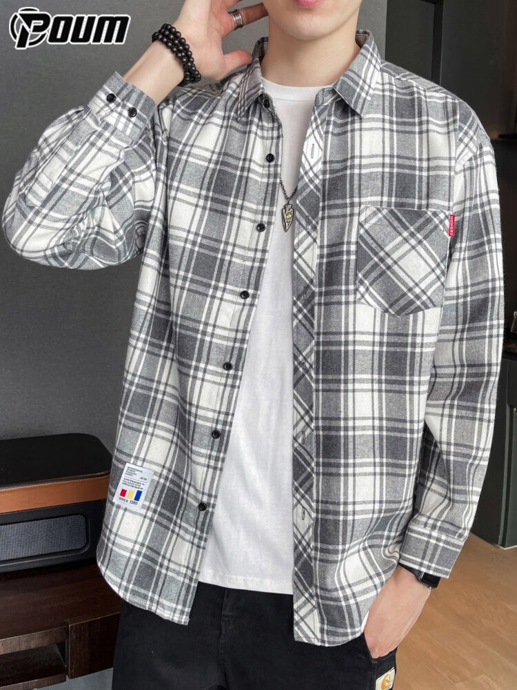 POUM Plaid Shirt Jacket for Men, Spring And Autumn Long-Sleeve Casual Shirt, Trendy Menswear, 2108 Gray, Size L 9