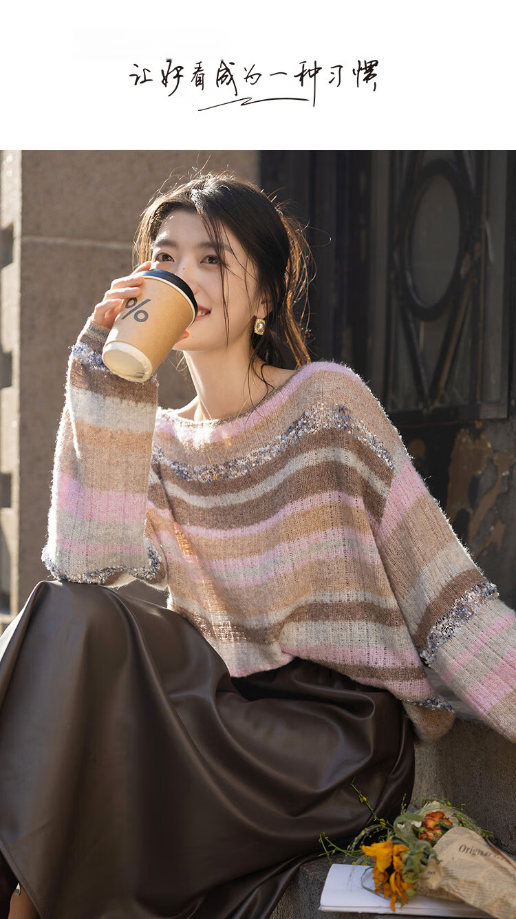 Demana Vintage Autumn Flavored Round Neck Striped Colorblock Loose Knit Sweater with Fluffy Wool for Women 1
