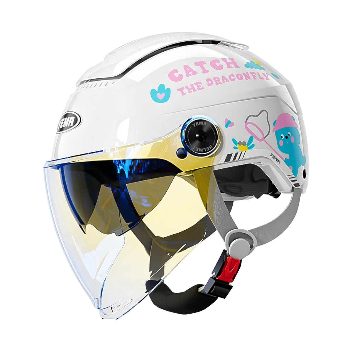 YEMA Children's Helmet 3C Certified Summer Sun Protection Electric Vehicle Half Helmet Boys and Girls Electric Bike Motorcycle Safety Helmet Ages 3-12 252S Ceramic White + Aurora Visor