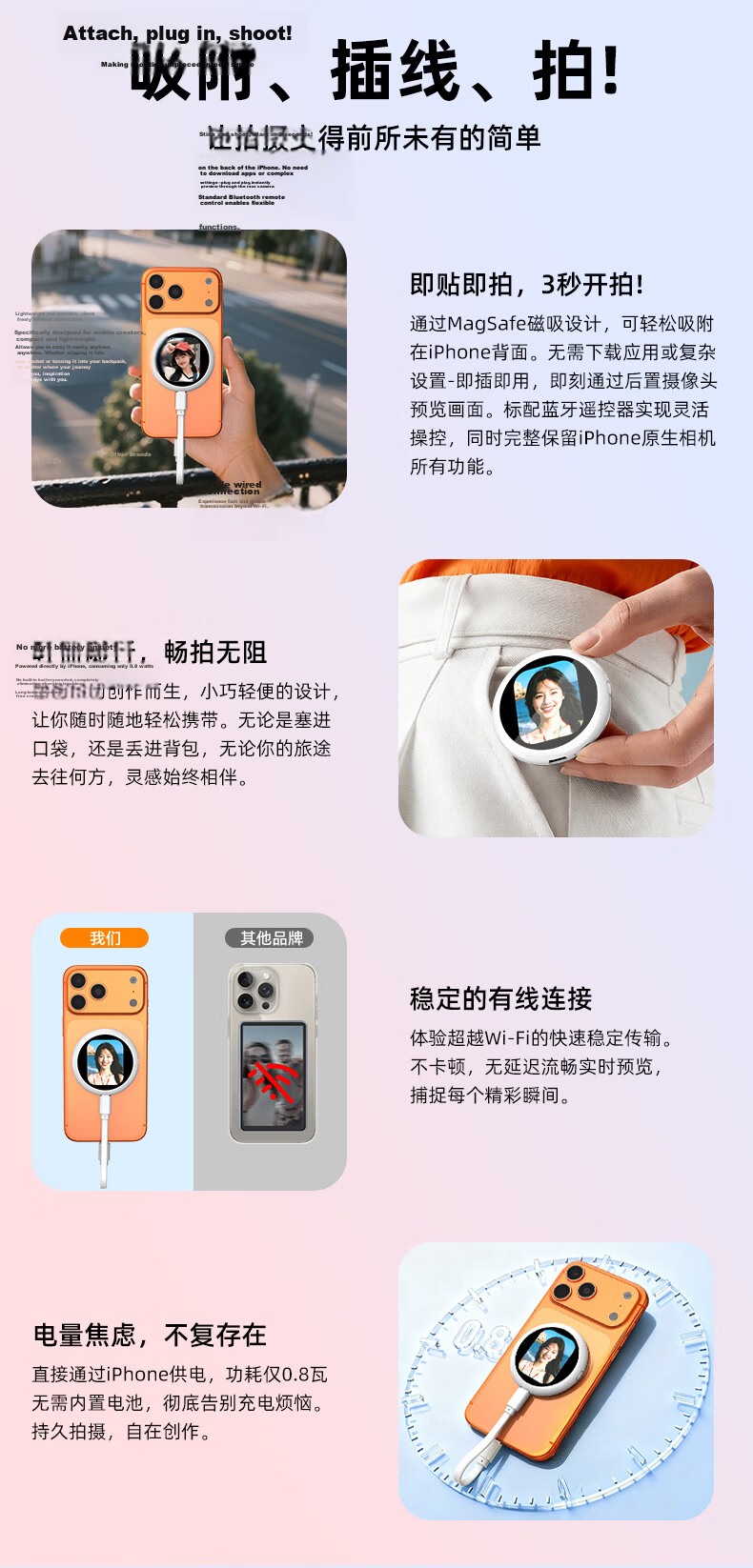 Wonew Colorful Snail Phone Selfie Screen Mirroring Device Fun Photo Adapter for iPhone 17 Apple Rear Camera Magnetic Display Screen HD Selfie Projector 9