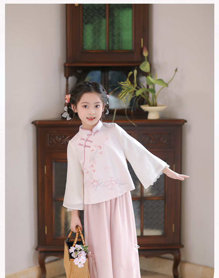 Qibo Hanfu Girls' Spring And Autumn 2026 Mid-Autumn Festival New Style Chinese-Style Tang Suit Children's Outfit Set, Floral Rain Pink, Size 140 10