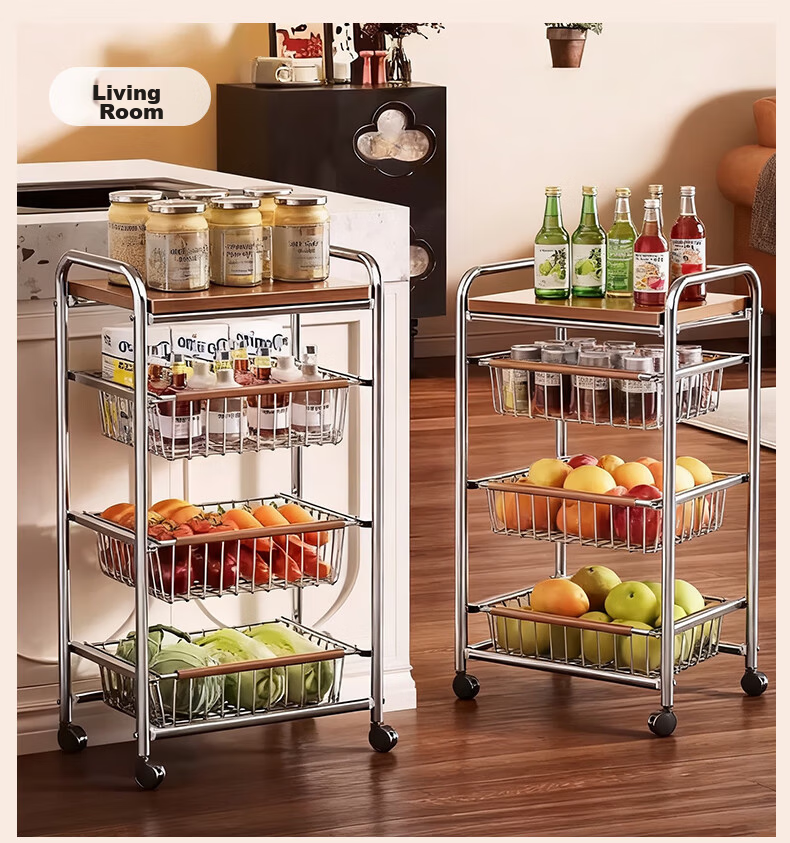 Zhuobo Kitchen Floor Storage Rack Multi-Layer Living Room Snack Shelf BH18 Four-Tier Six-Basket with Crystal Wheels 17