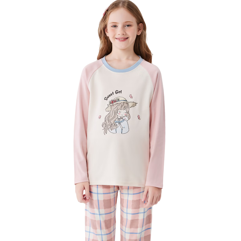 MiiOW Children's Pajamas, Girls' Spring And Autumn Style, Pure Cotton, Kids' Long-Sleeve Sleepwear Set for Older Children, Huahua White Rabbit, Size 130