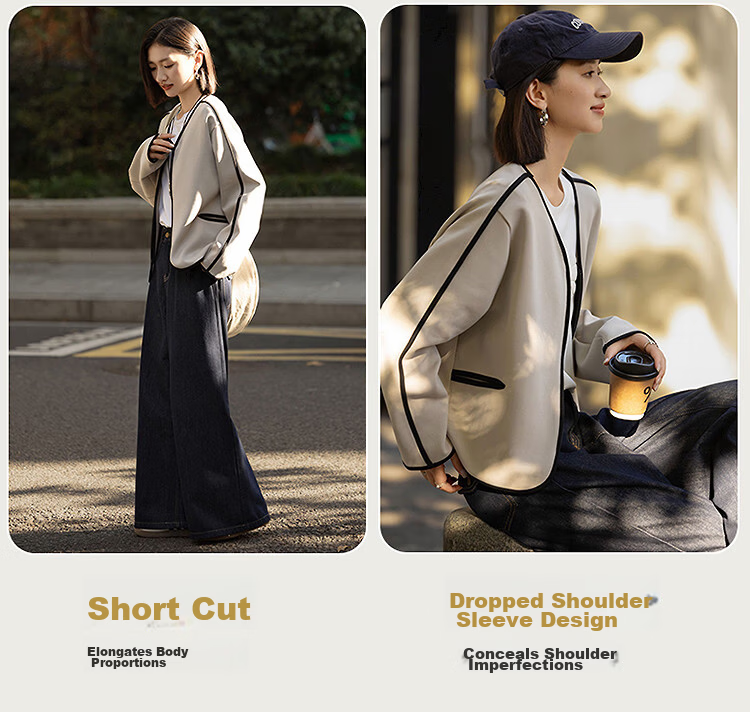 Demana 350G Air Layer Spring Cozy Little Fragrance V-Neck Color-Block Boxy Short Loose Women's Jacket 6