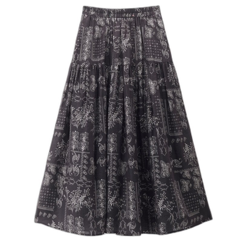 Giordano Designer Women's Vintage Paisley Print Linen Feel Elastic Waist Midi Skirt 18466210