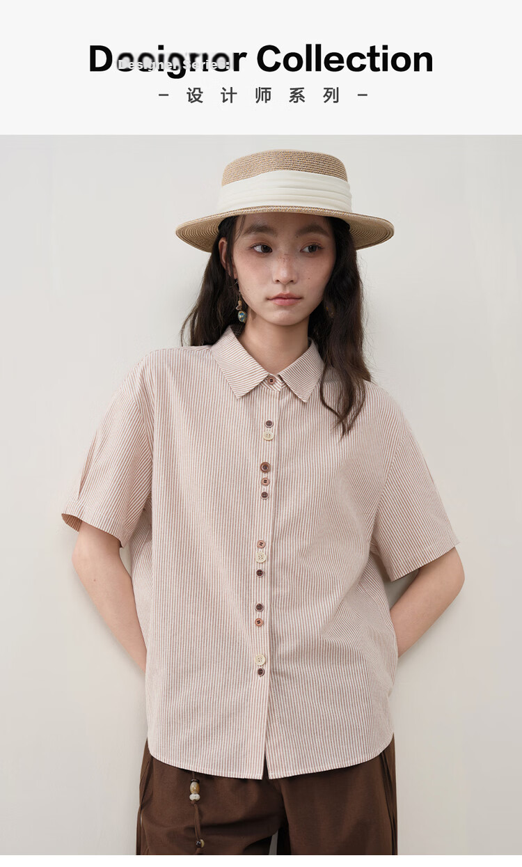 Giordano Designer Women's Cotton Striped Irregular Button Loose Lapel Short Sleeve Shirt 18346712 3
