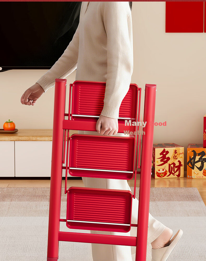 Yilinju Household Ladder Step Ladder Thickened Folding Telescopic Stool Red A-Frame Ladder Moving Gift - 3 Steps 7
