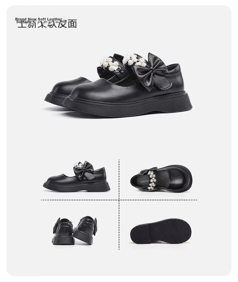 Eierkang Girls Black Leather Classic Pearl Bow Princess Shoes Student Performance Soft Sole Flats Black Size 32 19