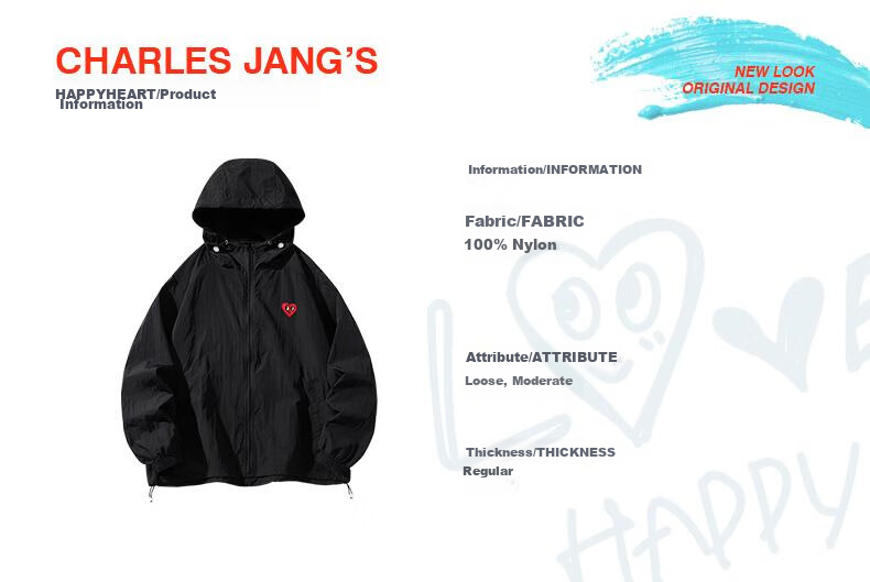 Charles Peach Heart [Wang Churan Same Style] Outdoor Skin Jacket Unisex Casual UPF50+ Sun Protection Black 2XL 4