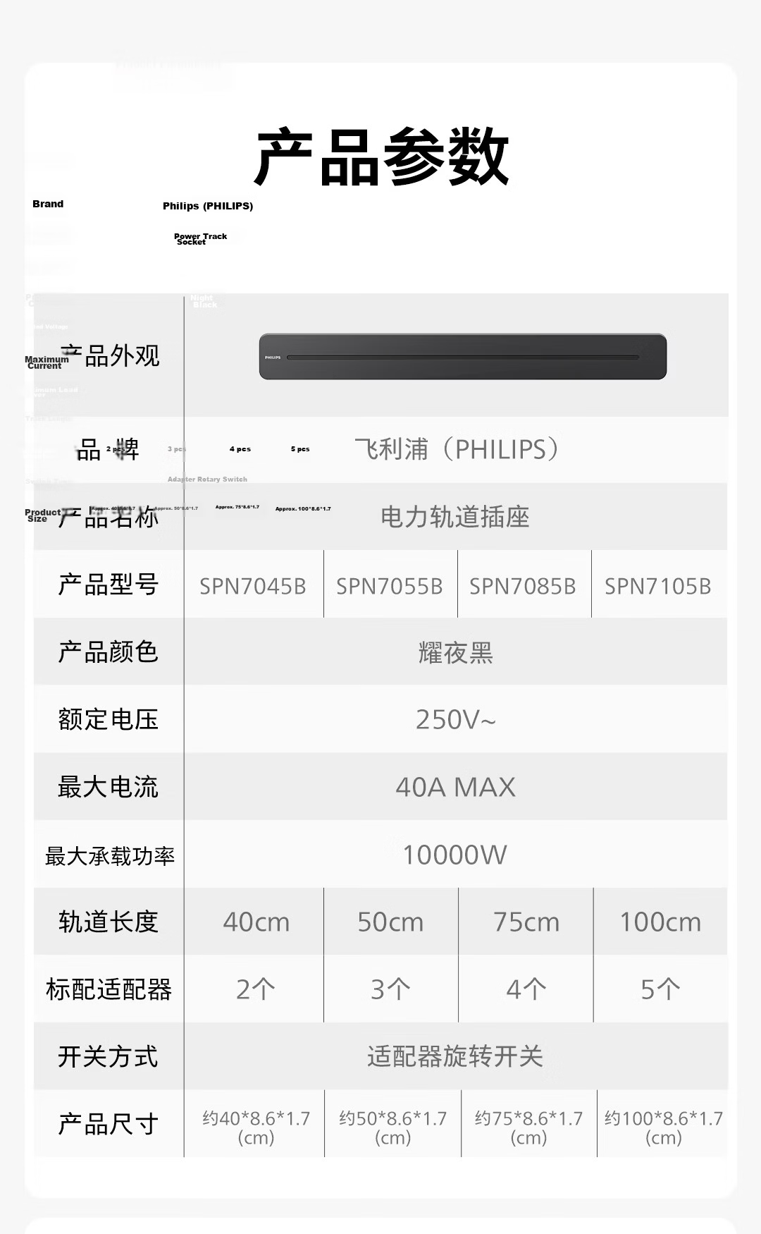 PHILIPS Slim Track Socket Ambient Light Movable Power Strip Wall-Mounted Island Rail 75cm with 4 Adapters Black 18