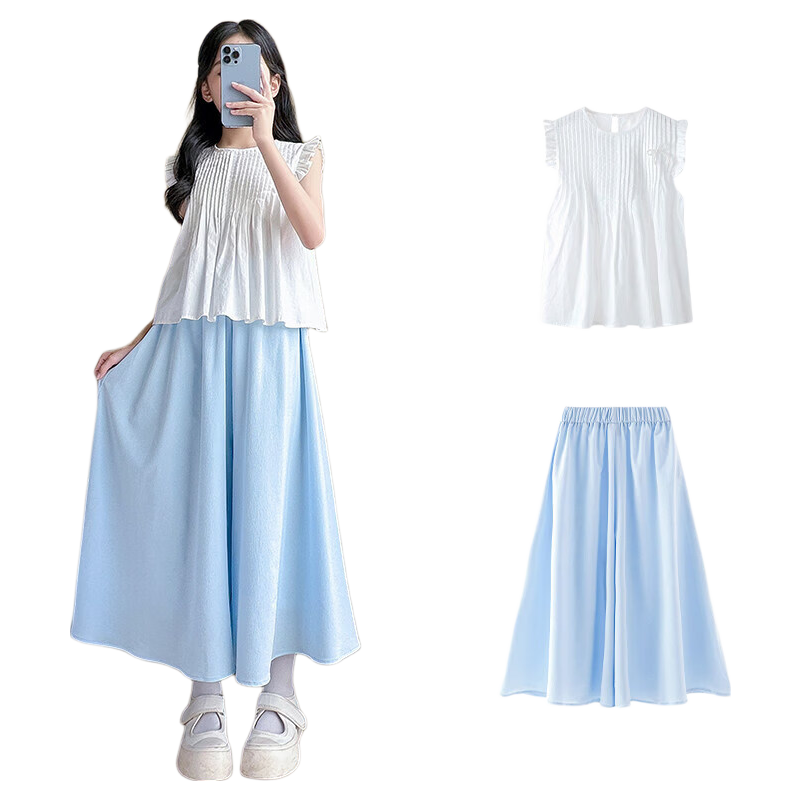 Moonkids Girls Short Sleeve Set Summer 2026 New Stylish Children's Dress Ice Silk Summer Big Kids Skirt and Pants Two-Piece