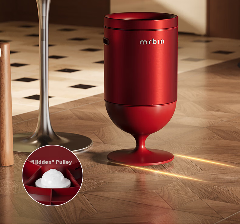 Mr.Bin Living Room Luxury Hands-Free Lidless Trash Can Wine Glass Style Kitchen High Foot High Aesthetic Stainless Steel Italian Luxury Red 20L 17