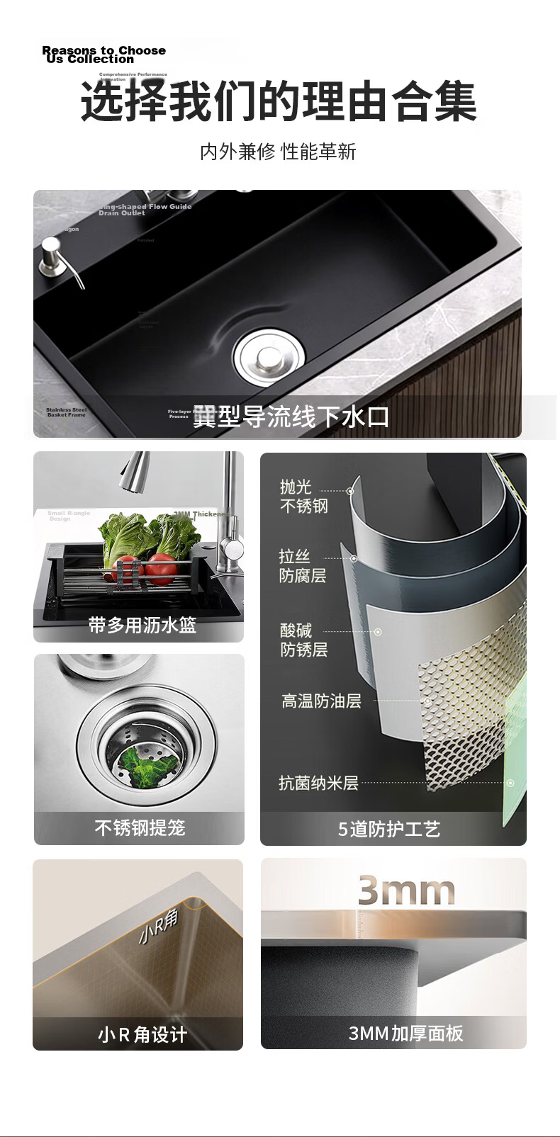 Leland Kitchen Sink Handmade Thickened 50x40cm with Draining Basket and Drain Black King Kong C1089 3