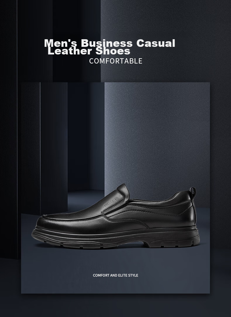 Aokang Men's Slip-On Business Casual Leather Shoes, Cowhide Soft Sole Loafers, Black, Size 41 2