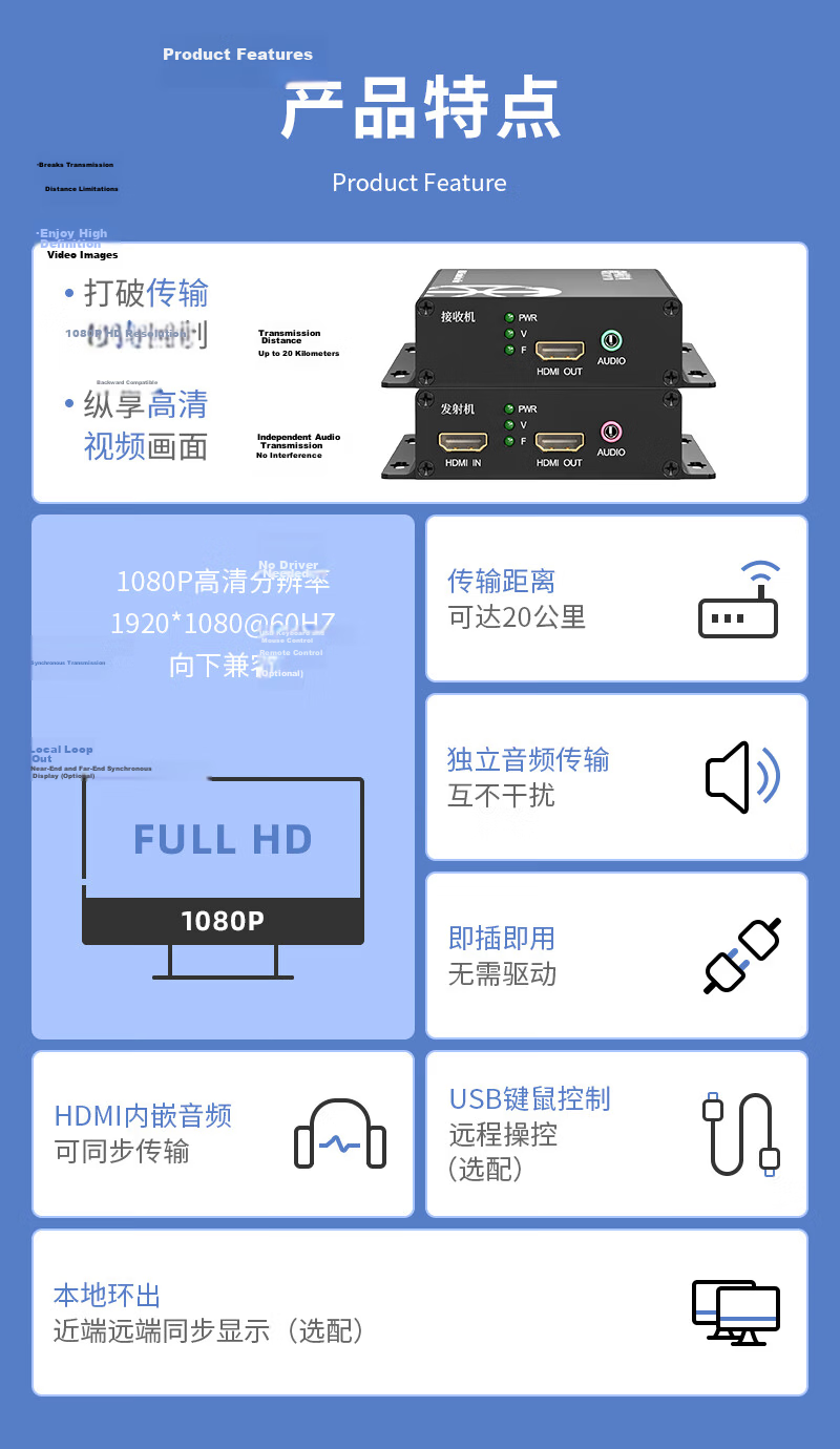 Zhongkeguangdian HDMI Optical Transceiver, High-Definition Video Optical Transceiver, Fiber Optic to HDMI Converter, Extender Adapter Transmitter, ZK-HDMI 2