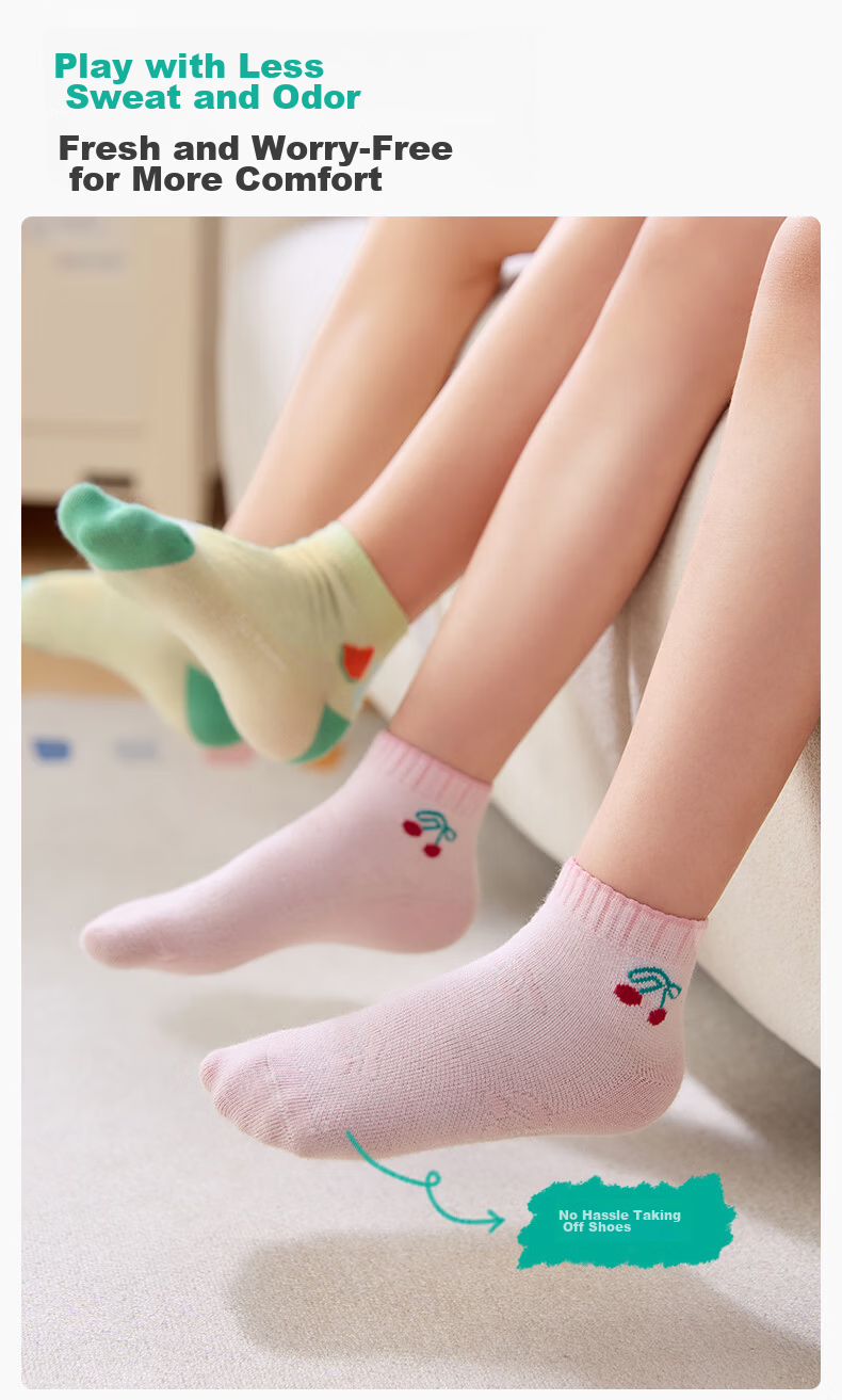 PurCotton Children's Antibacterial Mid-Calf Socks, 3 Pairs, for Boys And Girls, Baby Socks, All-Season Mesh Floor Socks 10