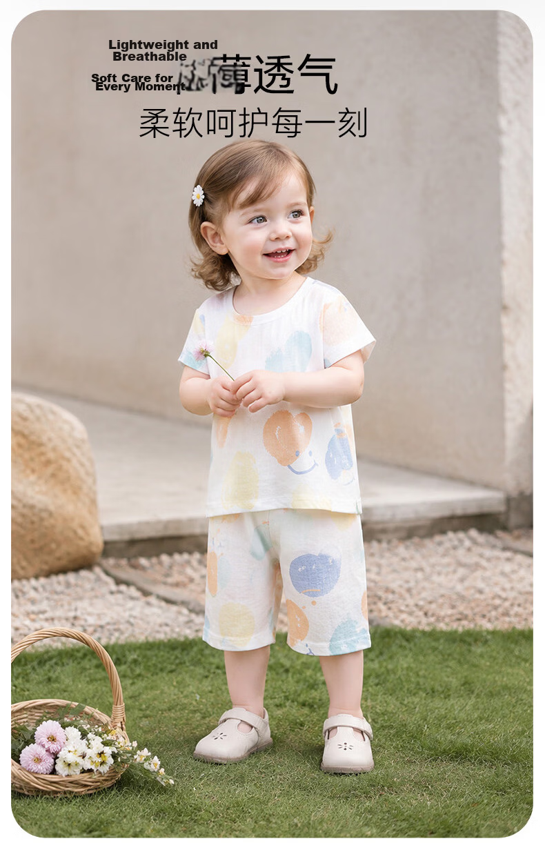 Babyprints Baby Homewear Set Summer Short Sleeve T-Shirt and Open Crotch Pants 2-Piece Cotton Thin Clothes Blue 90cm 3