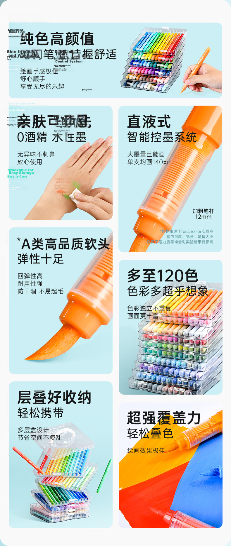 Touchcolor Direct Ink Acrylic Marker A-Type Soft Tip Waterproof Non-Bleed Layerable Watercolor Pen Safe Non-Toxic Colored Pen for Children and Primary Students 36-Color Stationery Set 3