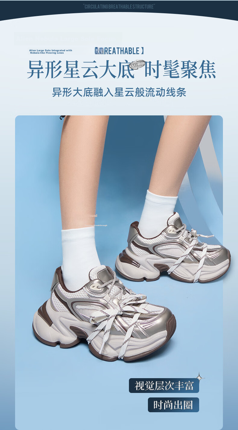 CAMEL Silver Star Dad Sneakers Women Mesh Patchwork Height Increasing Casual Shoes L26S283083W Silver (Breathable Mesh) Size 38 21