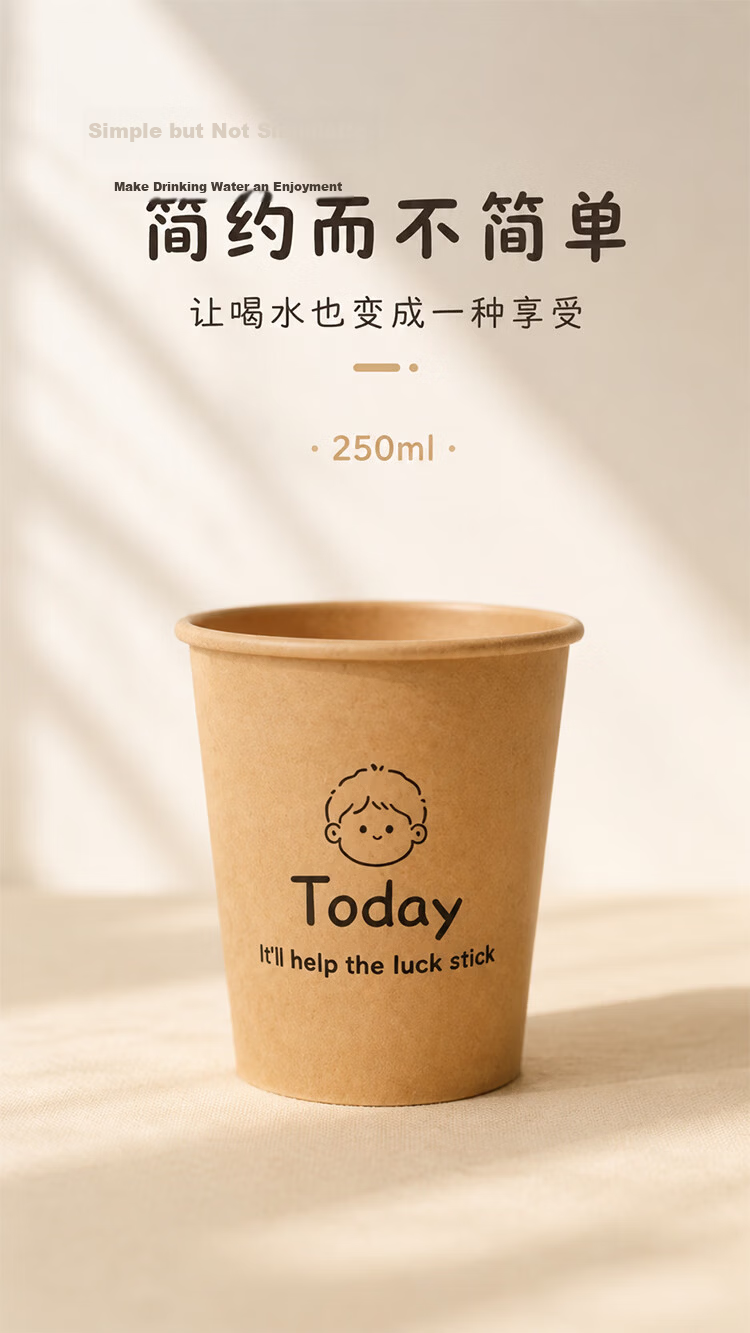 SHUANG YU Kraft Paper Disposable Cups Natural Color Thickened Household Office Reception Water Cups 250ml*100pcs 8