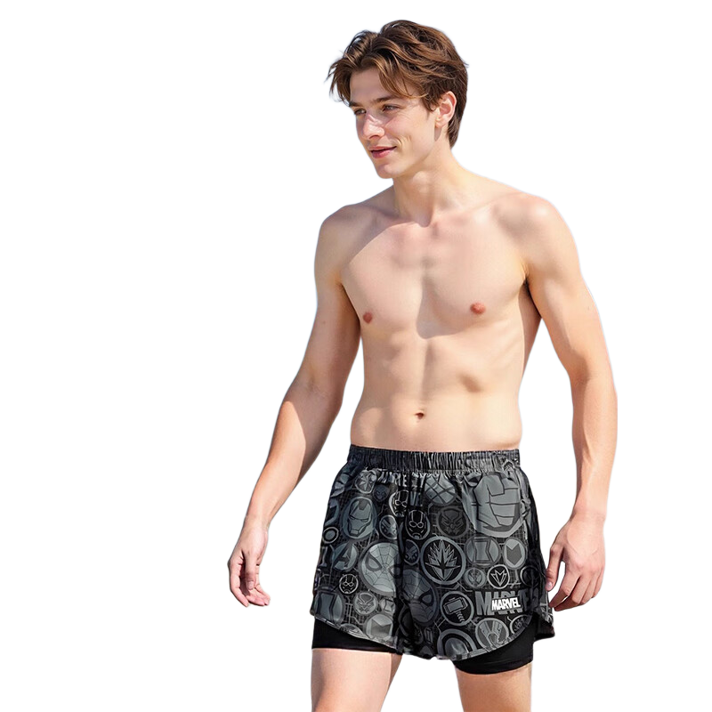 Disney Men's Two-in-One Loose Beach Quick-Dry Hot Spring Boxer Swim Trunks Set D25045 Black XL