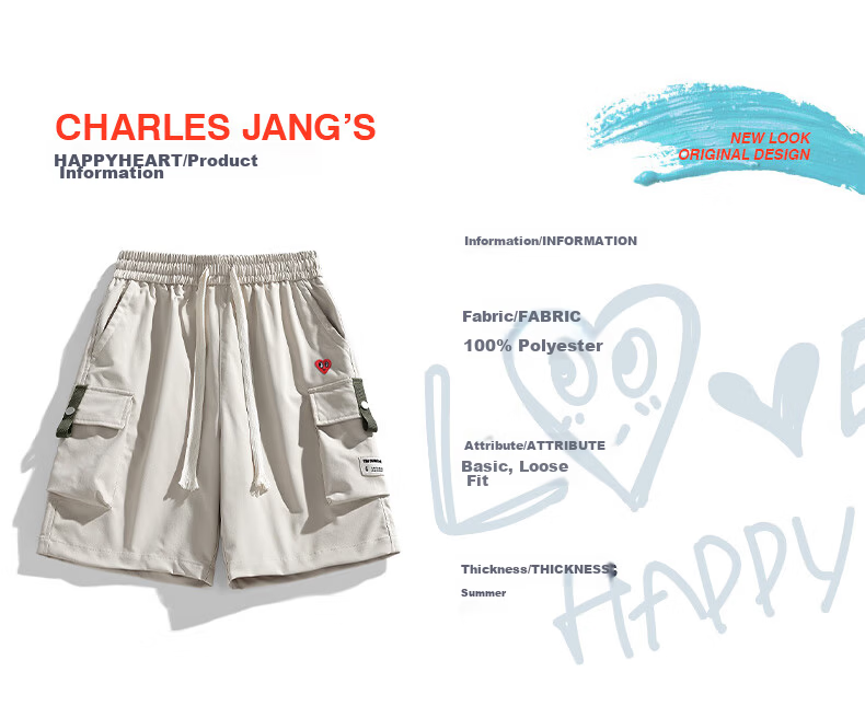 Charles Heart Men's Work Shorts Summer Thin Love Heart Embroidery Beach Loose Breathable Knee-Length Shorts Apricot L 3