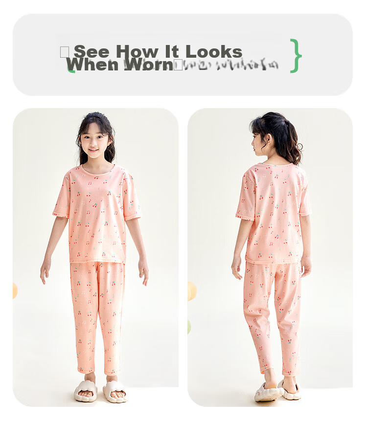 Hodohome Children's Pajamas, Girls' Pure Cotton 7A Antibacterial Short-Sleeve Long Pants Loungewear, Cartoon Air Conditioning Suit for Girls, Pink 200, Size 140 36