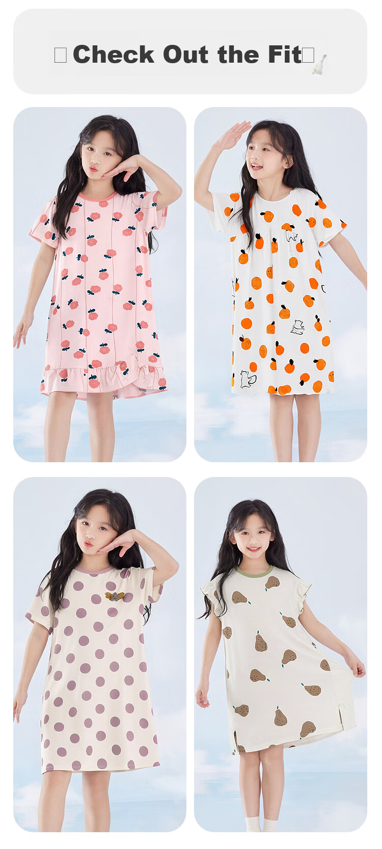 Hodohome Summer Cool 50s Modal Girls' Short Sleeve Pajamas Sleepwear Dress for Home and Outdoor Wear 11