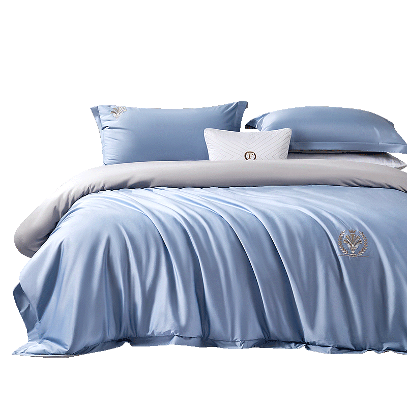 FUANNA Home Textile Four-Piece Set, 60S Long-Staple Cotton Sateen, Elegant Embroidered Bed Sheet And Duvet Cover, 230*229cm, Blue
