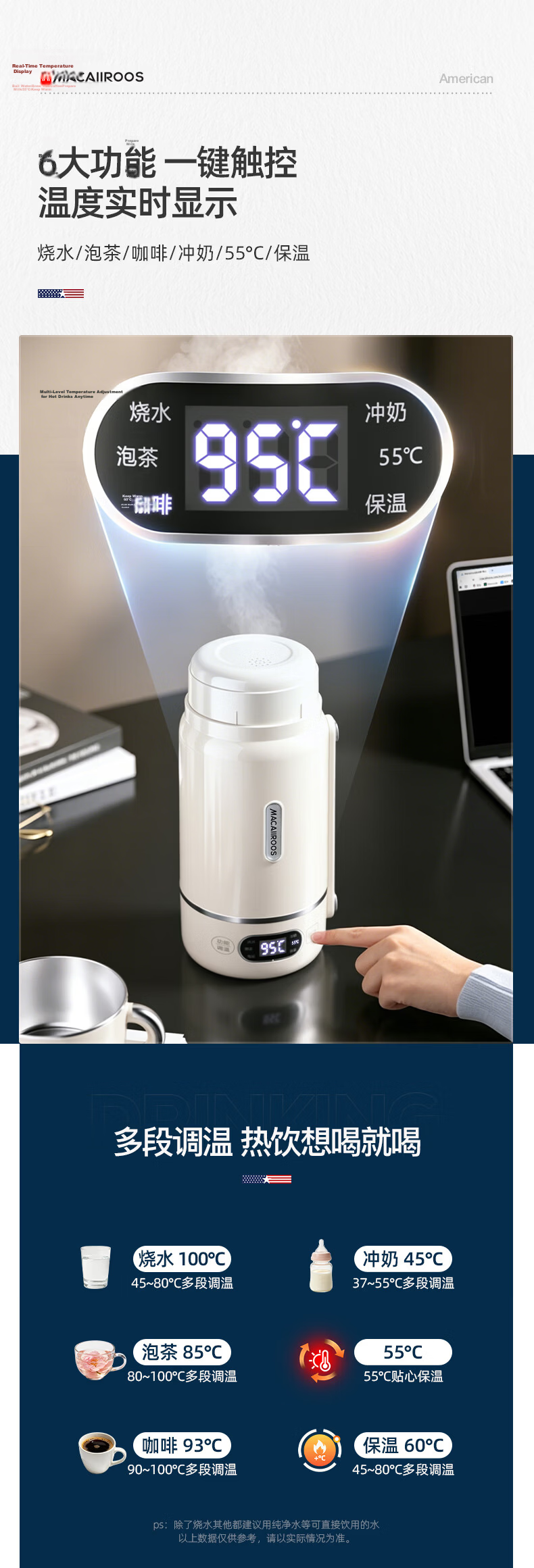 Macaiiroos Portable Electric Kettle Temperature-Controlled Water Heater Baby Milk Warmer Insulated Cup Large Capacity 316 Stainless Steel Smart Electric Kettle 8
