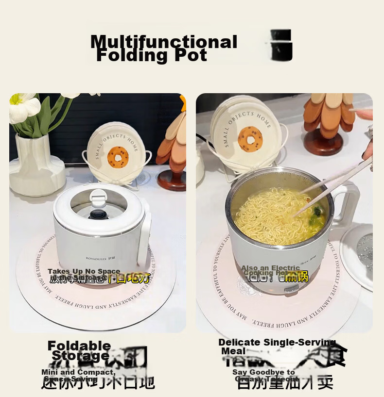 ROYALTY LINE Portable Electric Cooking Pot Foldable 304 Stainless Steel Travel Pot 1.2L Dormitory Split Multifunctional Small Electric Cooker for 1-2 People White with Steaming Rack 4