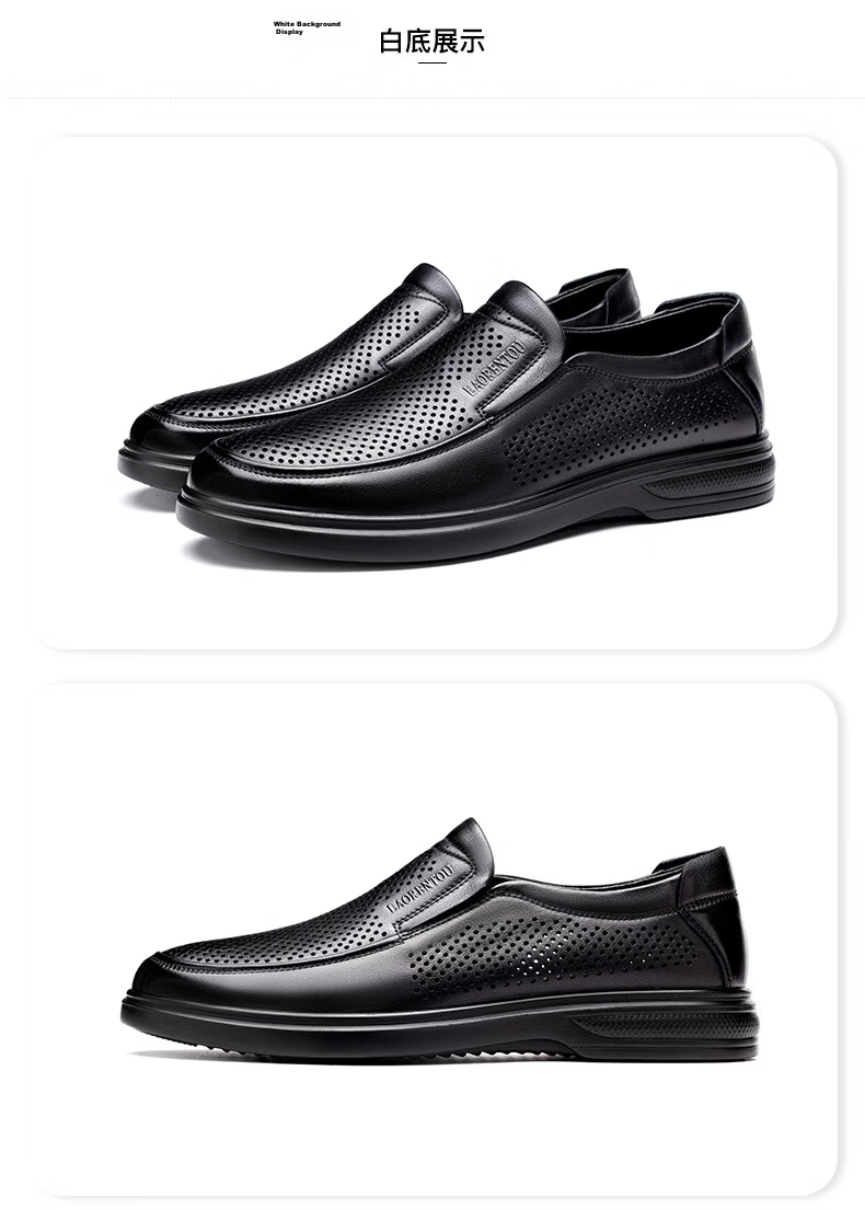 LAORENTOU Men's Summer New Genuine Leather Hollow Casual Slip-On Soft Sole Breathable Perforated Shoes LL175 Black Size 38 16