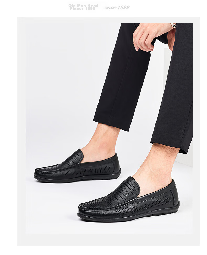 LAORENTOU Men's Leather Shoes, Business Casual Shoes, Top-Grain Cowhide Slip-Ons, Wear-Resistant Breathable Sandals, Men's Hollow Breathable Shoes, Perforated Shoes LL13190 Black 44 15