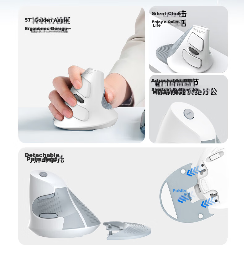 Delux M618GX Ergonomic Vertical Mouse Wireless Office Mouse Portable Detachable Palm Rest White 4