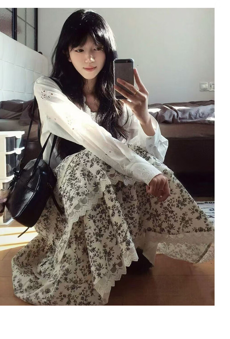 Borui French Lace Floral Print High-Waist Tiered Maxi Skirt Summer 2026 Slimming Puff Skirt 10