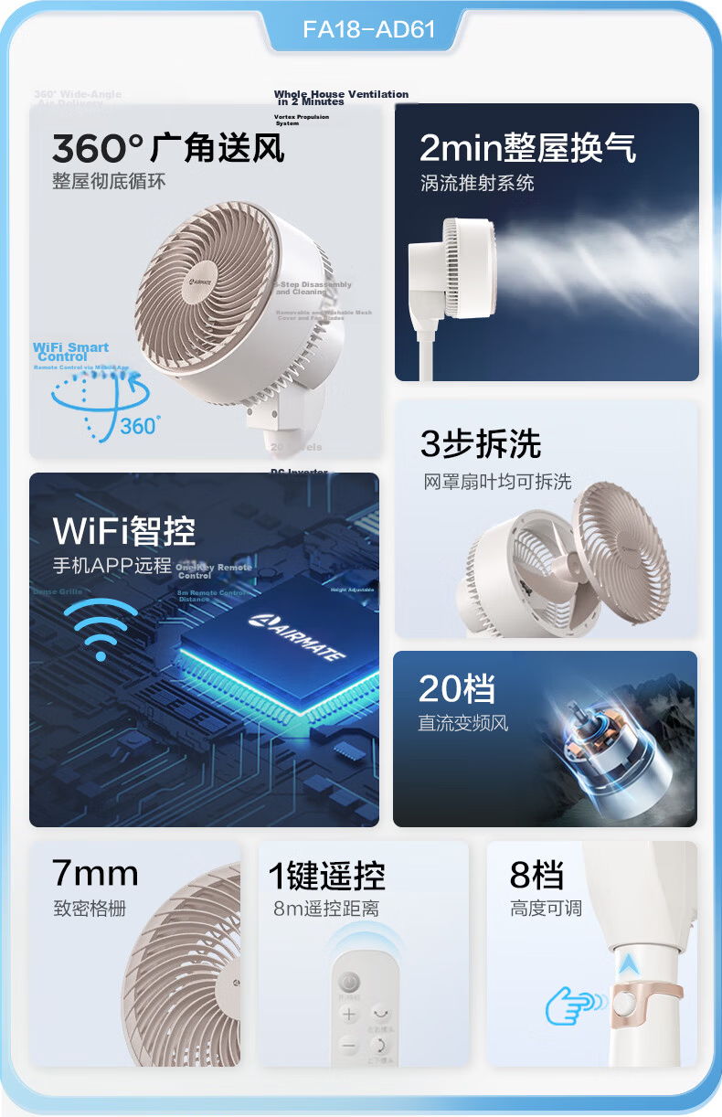 AIRMATE "Seagull" Air Circulation Fan, Home Use, 20-Speed DC Inverter Electric Fan, Floor Fan, 360-Degree Oscillating Head, Electric Fan for Both Table And Floor Use, Quiet Oscillating Small Fan RD93 2