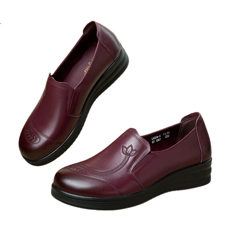 LAORENTOU Women's Spring Autumn Soft Sole Genuine Leather Granny Shoes Comfortable Non-Slip Middle-Aged Mom Shoes LB228 Red Size 39