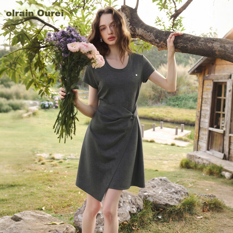 Olrain Knot Waist Slimming Dress Women Summer Round Neck Fashion Versatile Short Sleeve Dress Gray XL