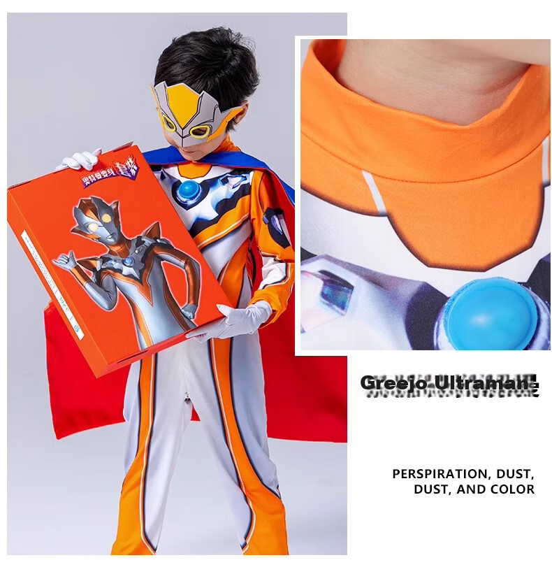 ULTRAMAN Official Golden Zero Ultraman Costume Jumpsuit 130cm Gift Box with Eye Mask, Gloves, Chest Light, and Cape 21