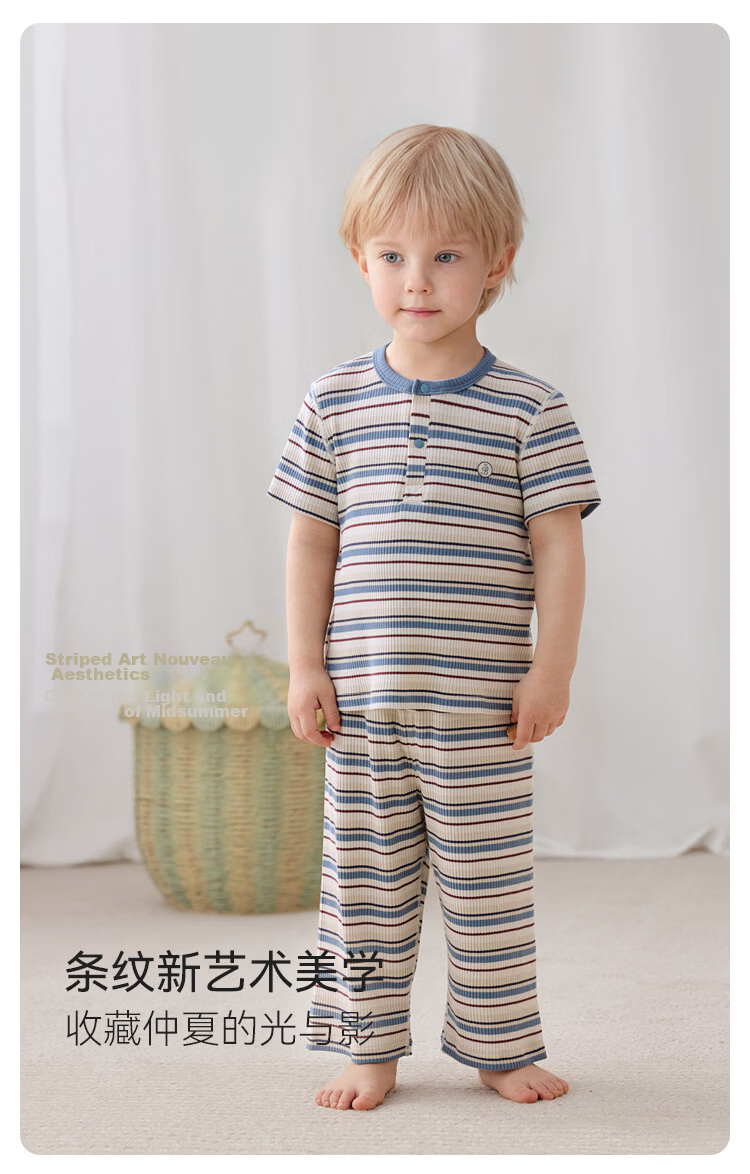 Babylove Baby Homewear Set Summer Thin Breathable Modal Air Conditioning Short Sleeve Nine-Point Pants Striped Summer Outfit 3