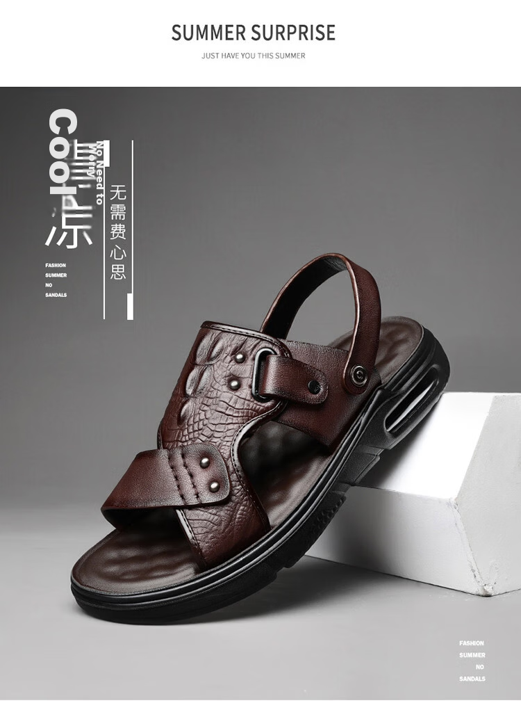PLAYBOY Men's Leather Summer Sandals Genuine Leather Dual-Purpose Beach Shoes Lightweight Air Cushion Black Size 38 3