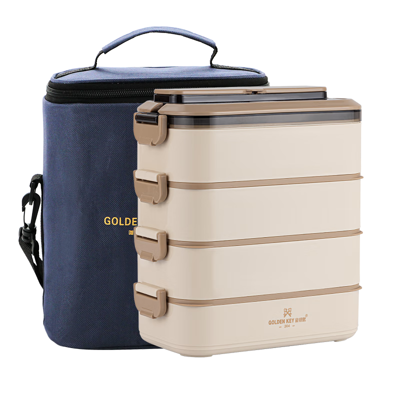Jinyaoshi 304 Stainless Steel 2.8L Anti-Spill Four-Layer Bento Multi-Layer Combinable Insulated Lunch Box, Khaki Color GK-2800FH