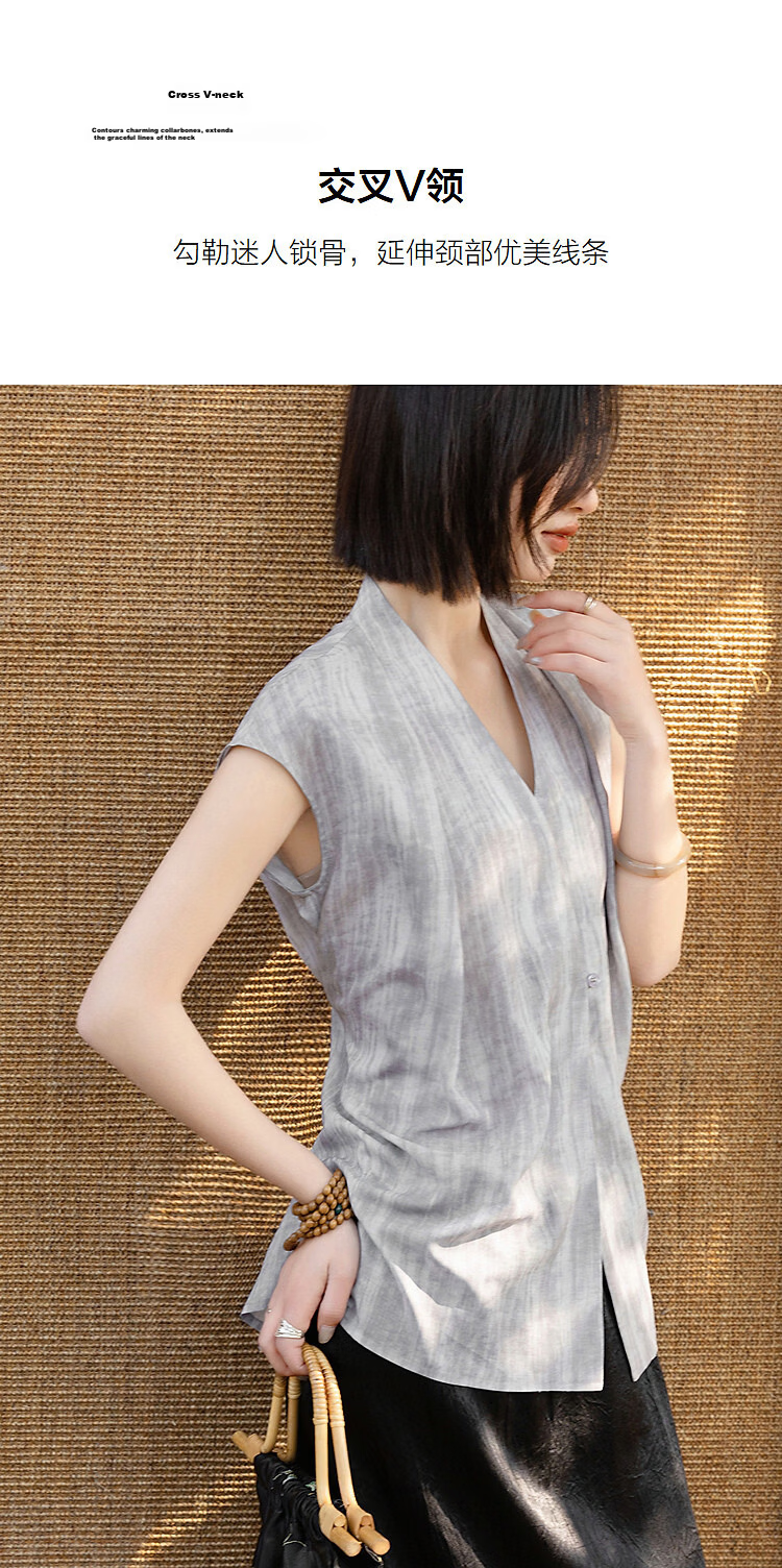 Demana Artistic Atmosphere Summer Design Cross V-Neck Pleated Sleeve Slim Fit Shirt for Women High-End Feel 7