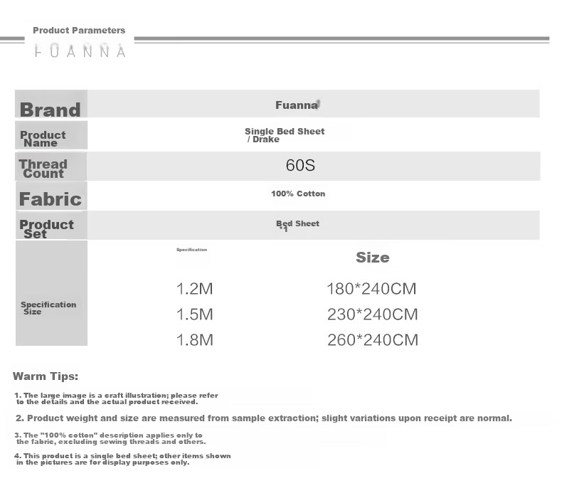 Fuanna Cotton Summer Bed Sheet 60s Long-Staple Cotton Sateen Bedspread Cover for Single Double 1.5m x 2m Bed 11
