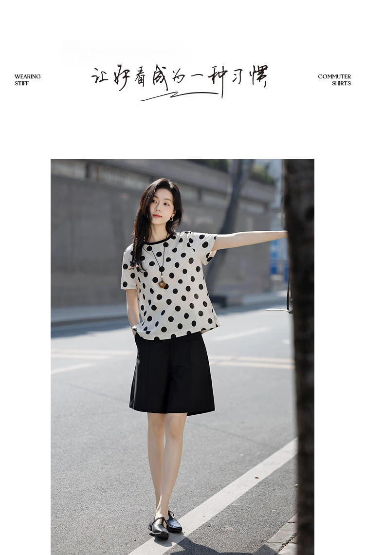 Demana [Linen Cotton Blend] Summer Vintage Urban Colorblock Crew Neck Polka Dot Print Loose Slimming T-Shirt for Women Premium 10