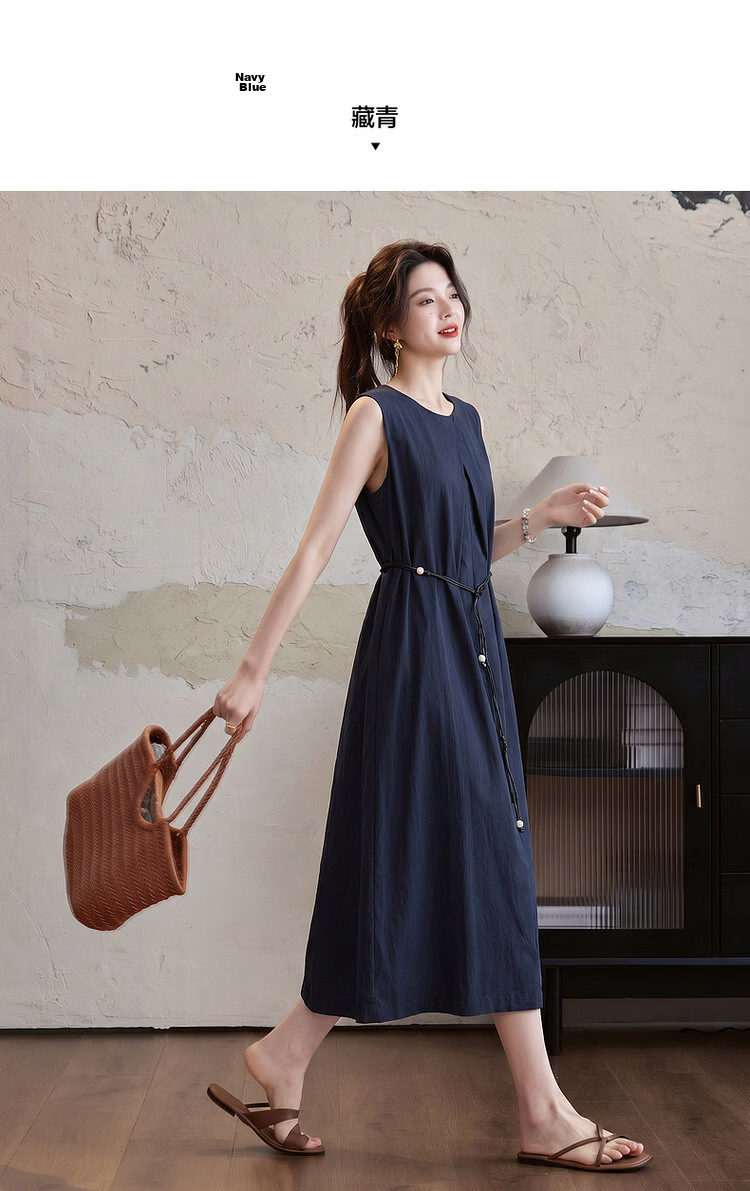 Demana Elegant Urban Summer Simple Cotton-Blend Stretch Round Neck Pleated Sleeveless Belted Dress for Women Premium Feel 9