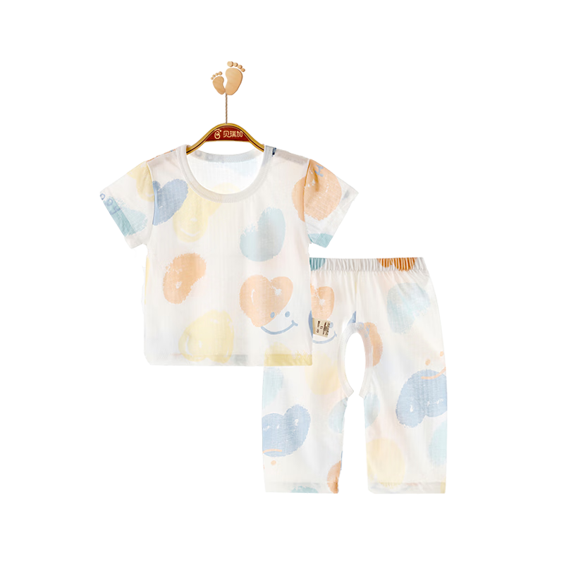 Babyprints Baby Homewear Set Summer Short Sleeve T-Shirt and Open Crotch Pants 2-Piece Cotton Thin Clothes Heart Pattern Size 100