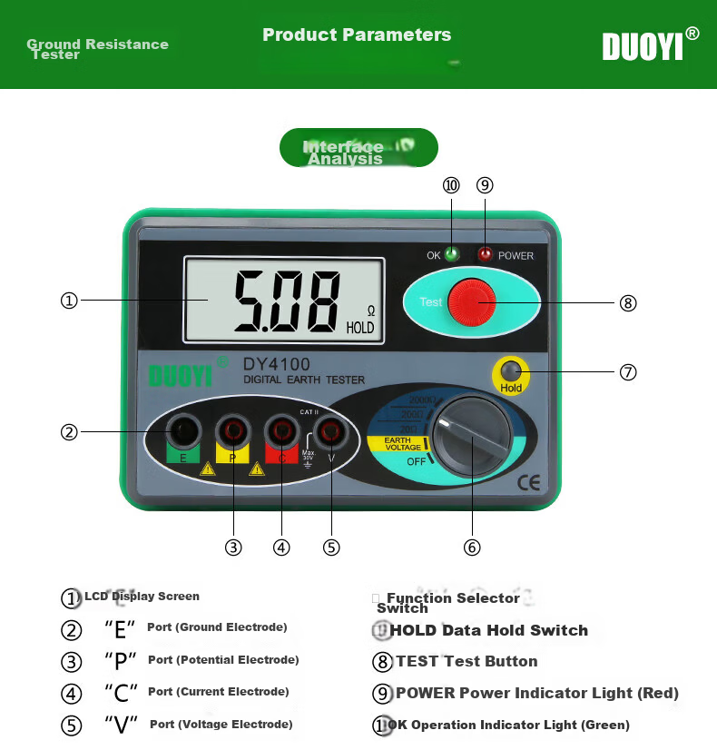 Duoyi DY4100 Digital Ground Resistance Tester High-Precision Electronic Earth Tester Outdoor Lightning Protection Ground Resistance Meter 9