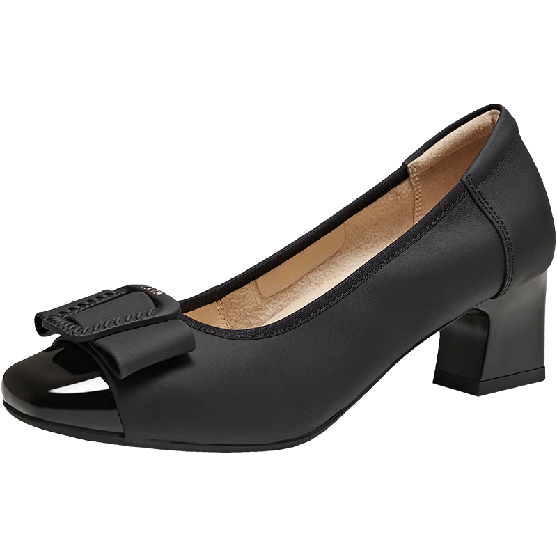 Tata Women's Low-Cut Fashion Versatile Black Chunky Heels URH04AQ6 Off-White Size 36