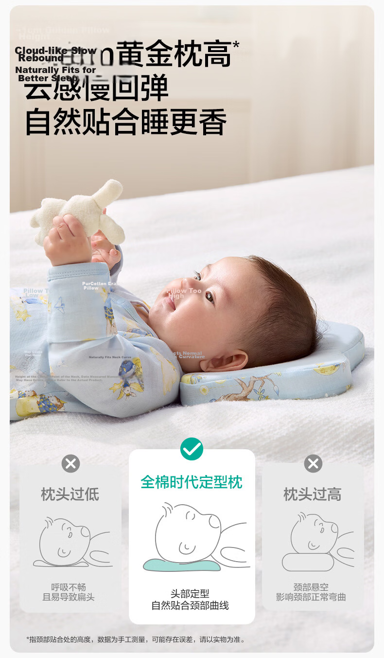 PurCotton Baby Shaping Pillow Pure Cotton Newborn Neck Protection Pillow Head Correction Children's Pillow - Obedient Little Rabbit 5
